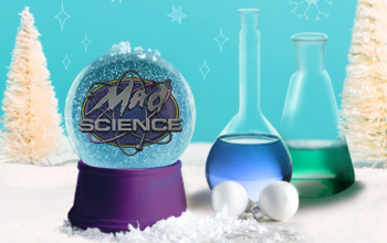 A snowglobe with the Mad Science logo in it, set in a winter wonderland.